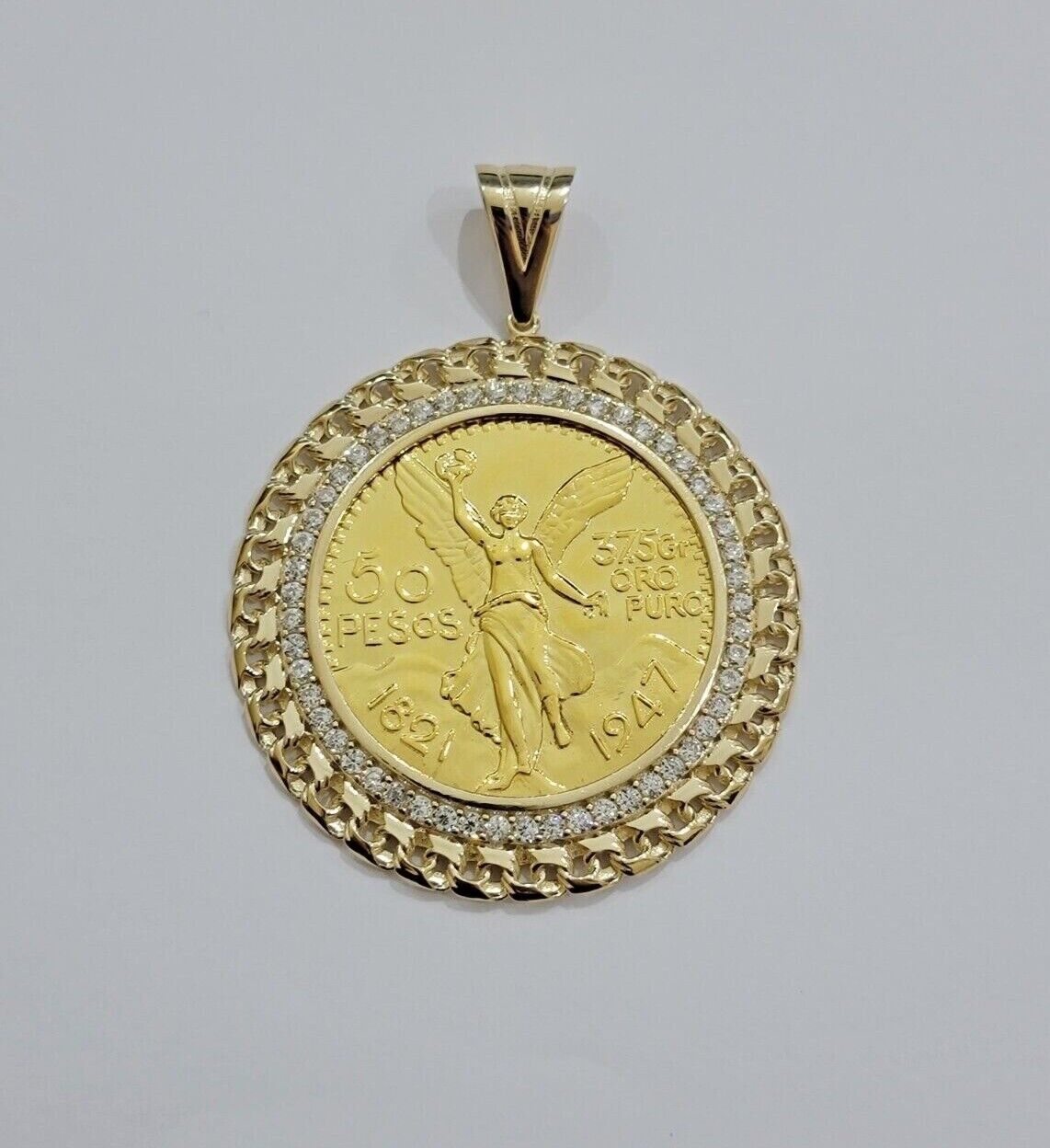 10k Gold Mexican Centenario Copy Coin Charm 50 Pesos Bezel 10kt Pendant Replica