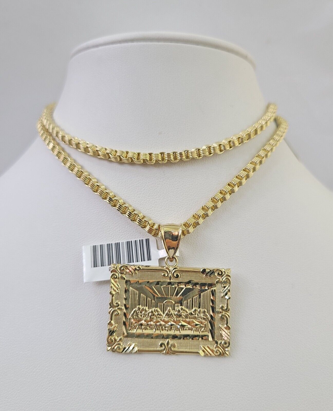 Real 10k Gold Byzantine Necklace Last Supper Charm SET Chain 18"-30" 3mm Pendant