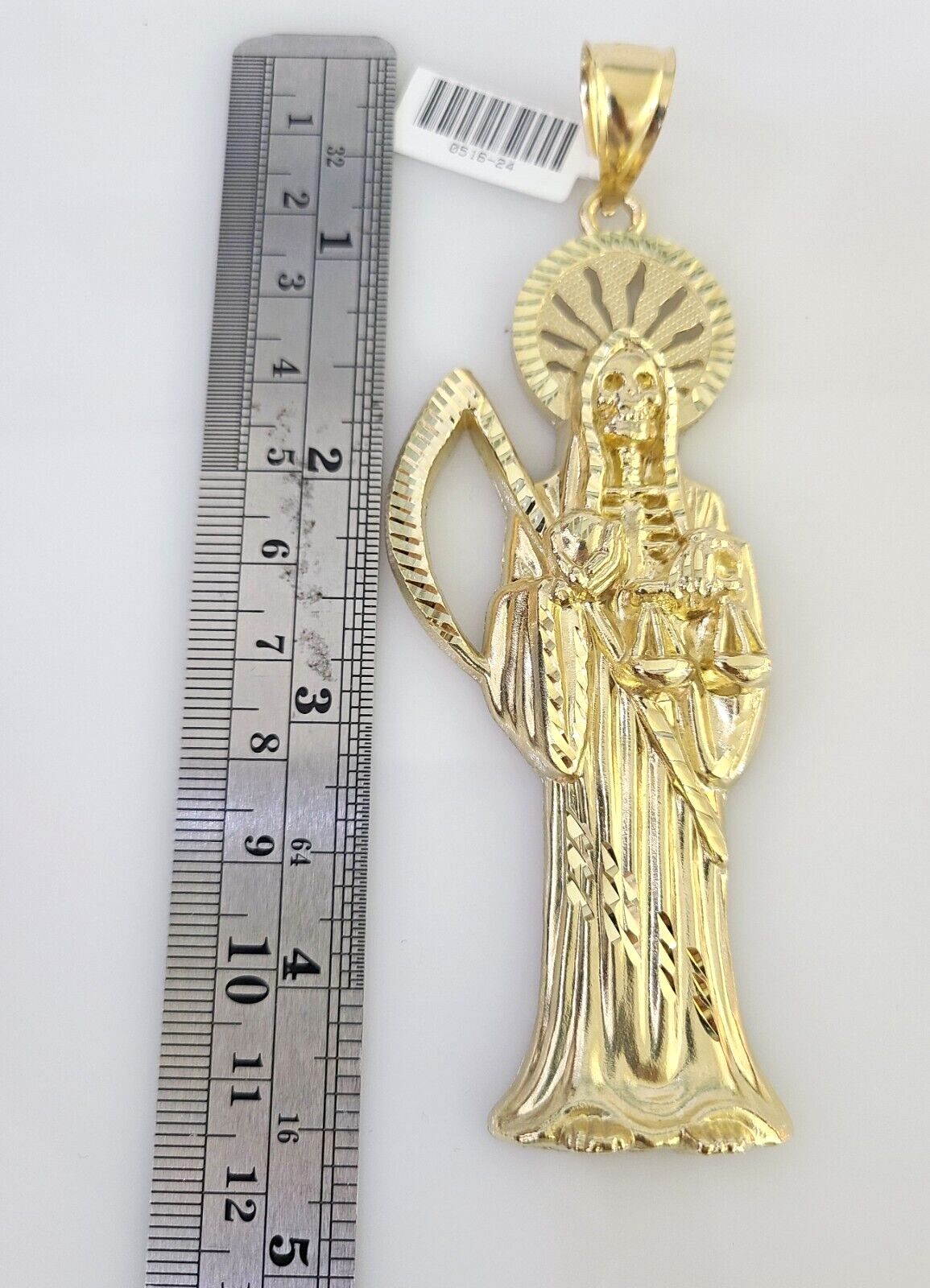 10k Santa Muerte Charm Pendant Mens REAL 10Kt Saint Reaper Yellow Gold