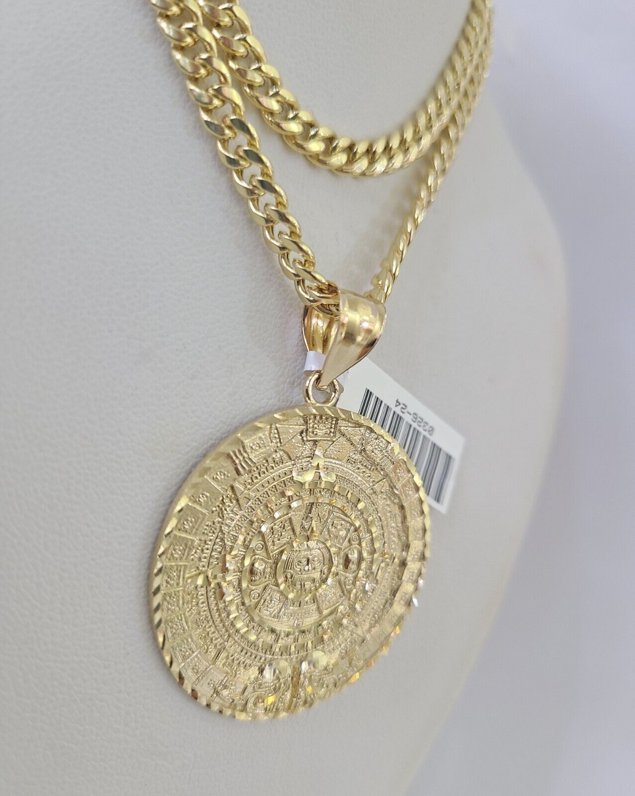 10k Gold Chain Mayan Calendar Pendant Set Miami Cuban link Necklace 5mm 20"-30"