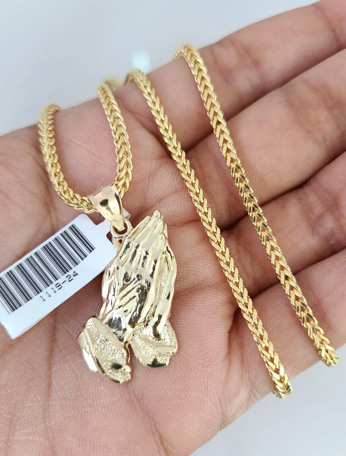 10k Gold Franco Chain Praying Hand Charm Pendant 2.5mm 18-24 Inches Necklace SET