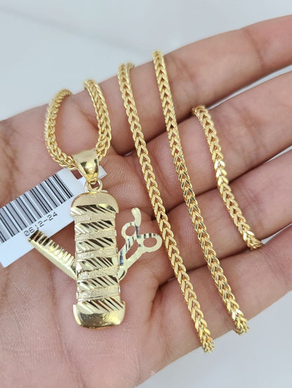 10k Gold Franco Chain Barber Charm Pendant 2.5mm 18-24 Inches Necklace SET