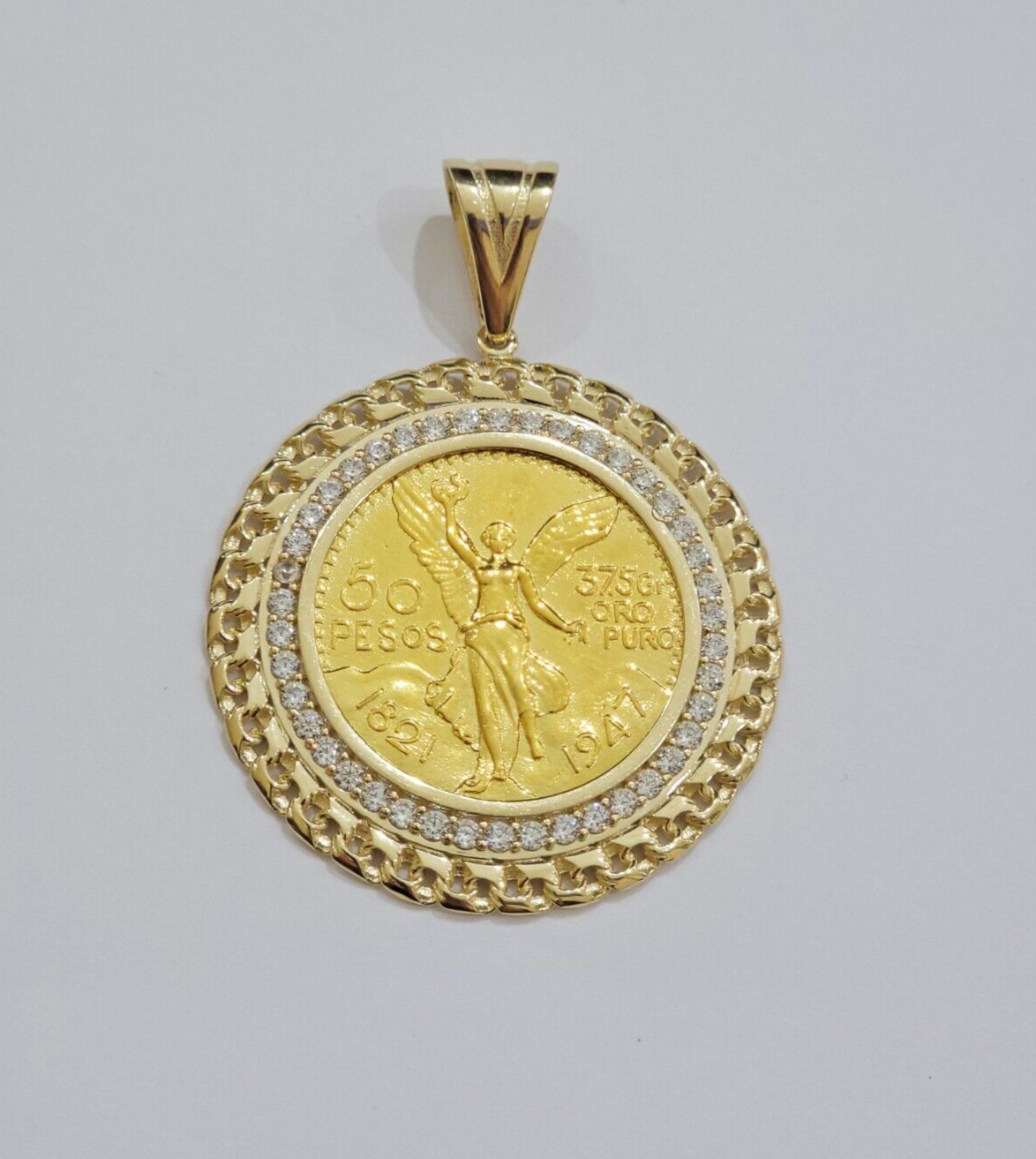 Mexican Centenario Coin 1947 Charm Pendant Replica 50 Pesos With Bezel 10kt Gold