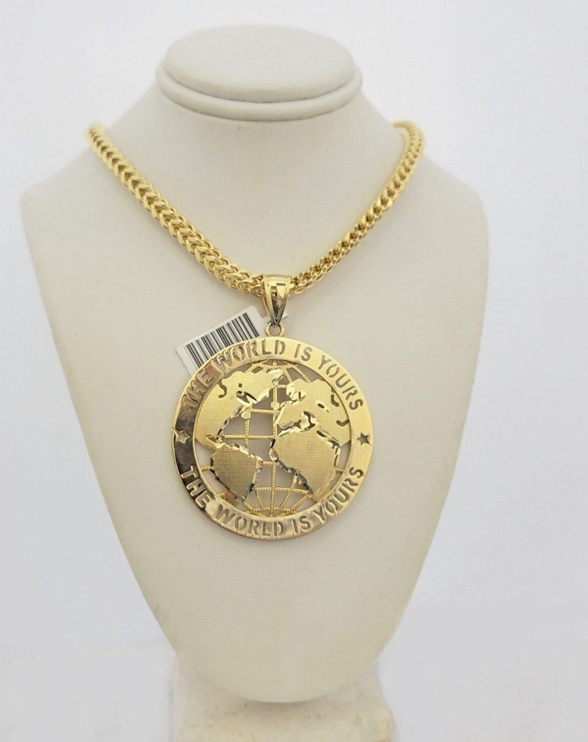 10k Yellow Gold Franco Chain Necklace World Map Charm Pendant 5mm 20-26'' Inches