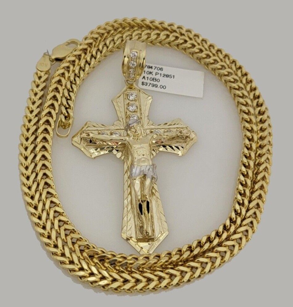 10k Yellow Gold Franco Chain Necklace Jesus Cross Charm Pendant 5mm 20-26 Inches