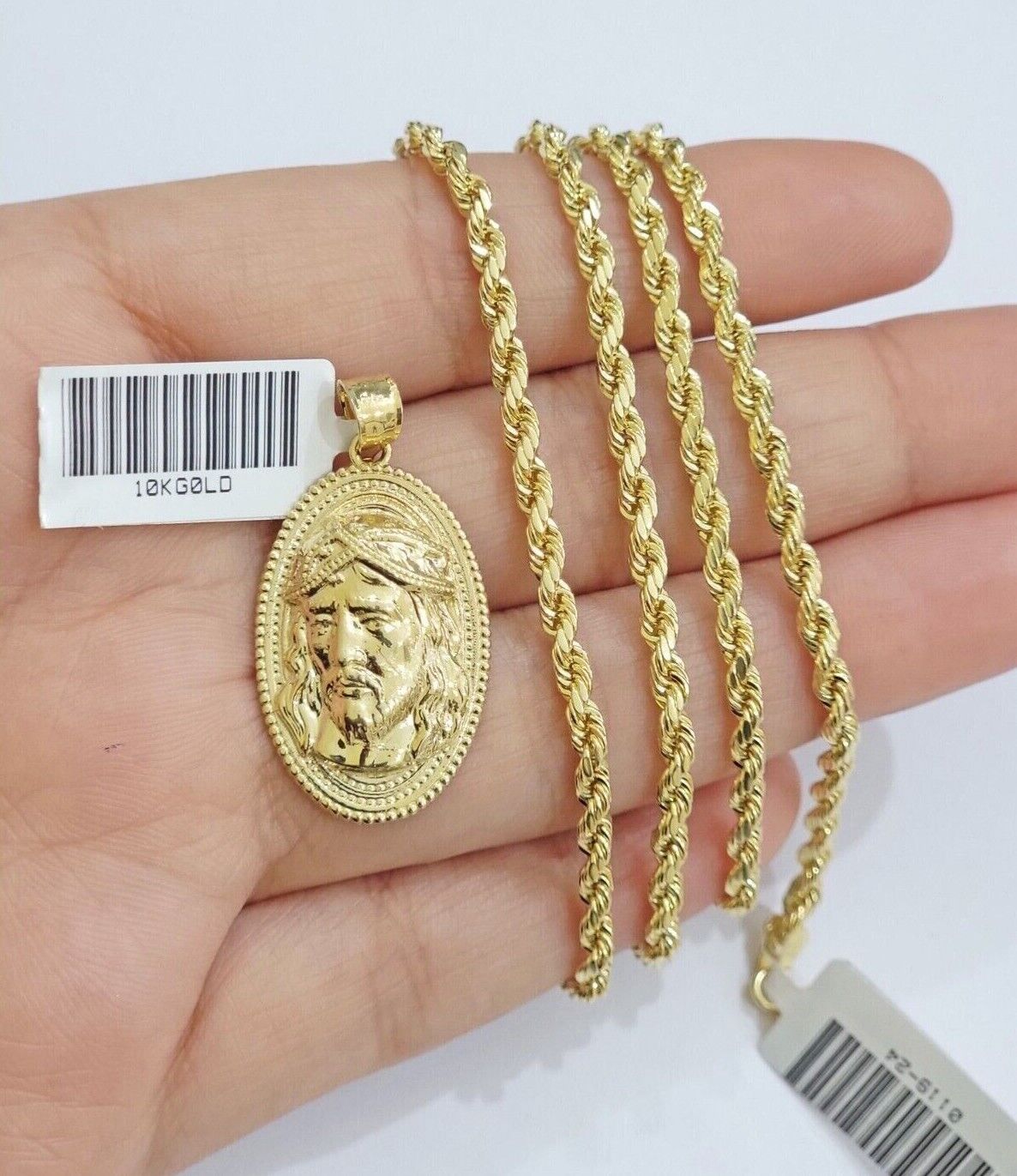 10k Gold Rope Chain Jesus Head Charm Pendant Set 18-28" Inch 3mm Necklace REAL