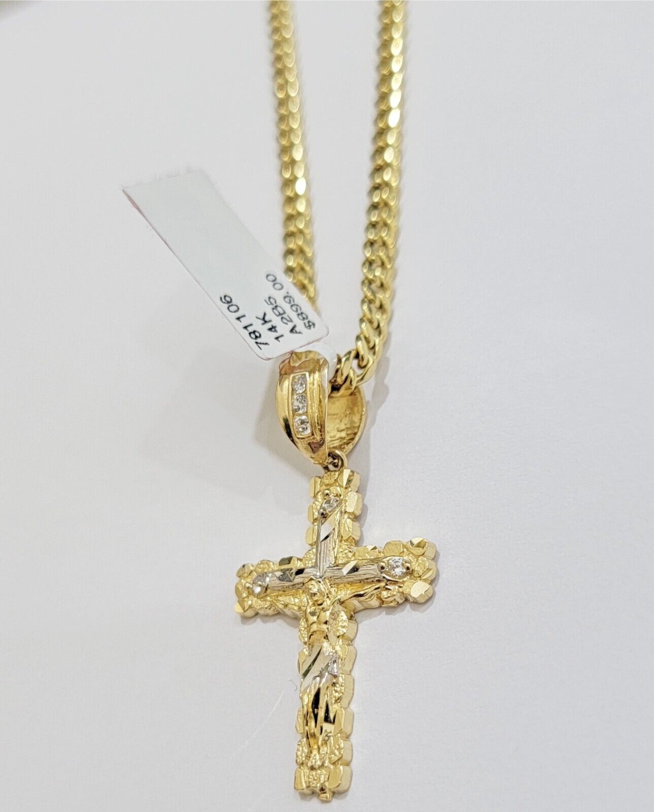 Real 14k Gold Chain & Cross pendant Set 14kt Miami Cuban Link Chain 4mm & Cham