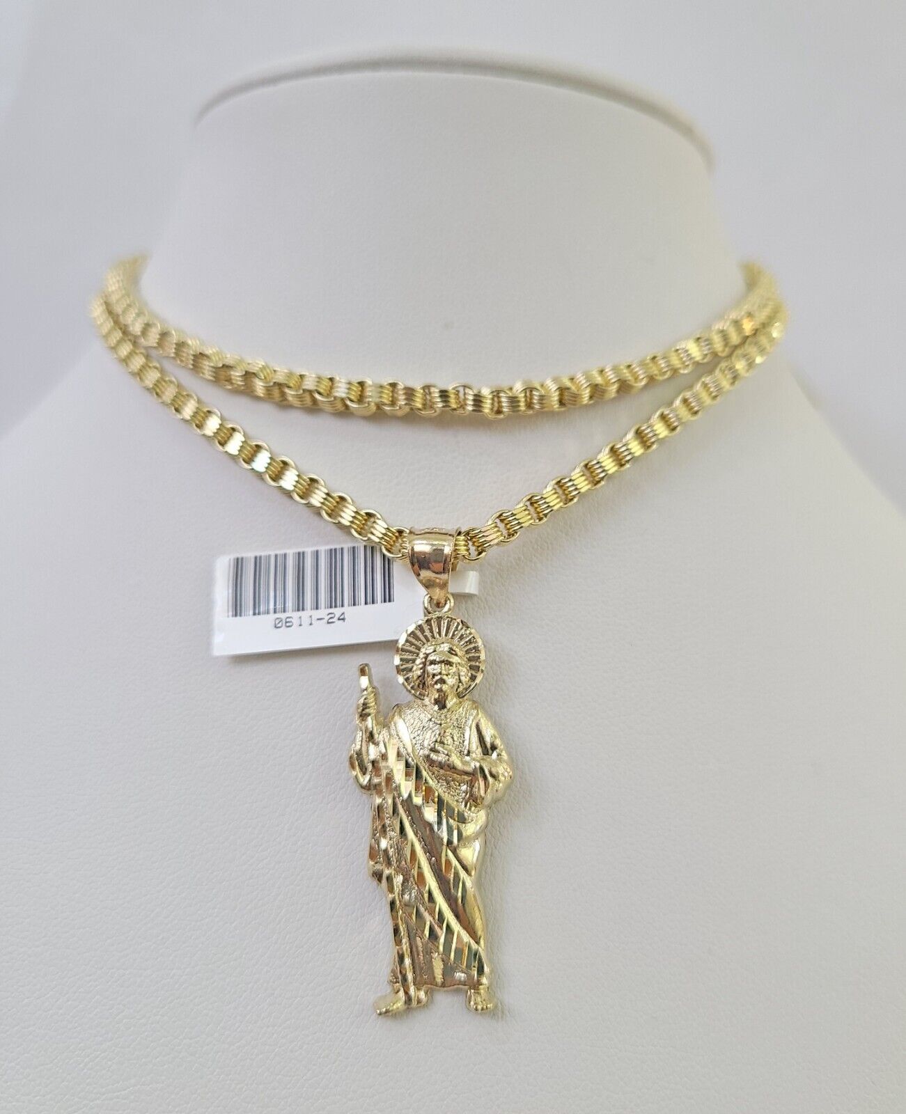 Real 10k Gold Byzantine Necklace Saint Jude Charm SET Chain 18"-30" 3mm Pendant