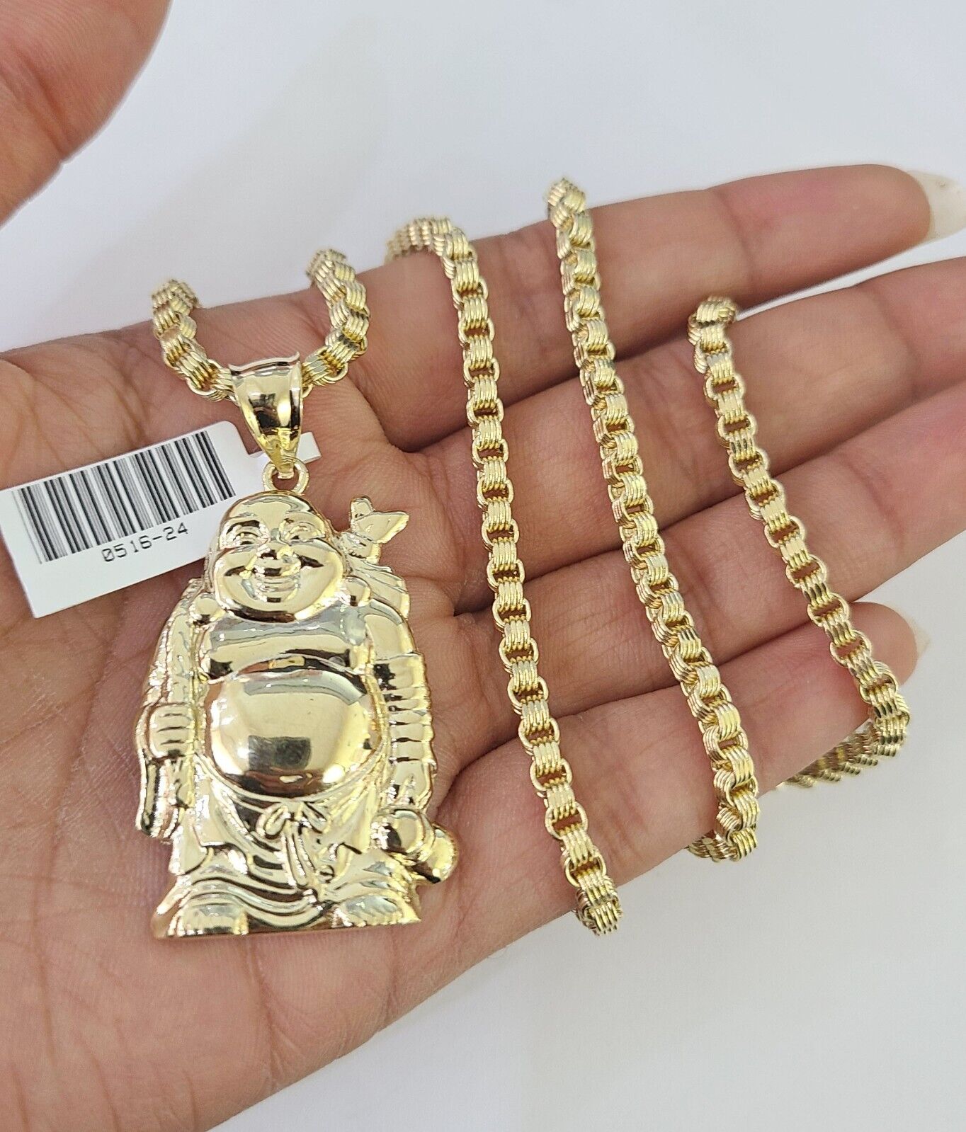 Real 10k Gold Byzantine Necklace Laughing Buddha Charm SET Chain 18"-30" 3mm