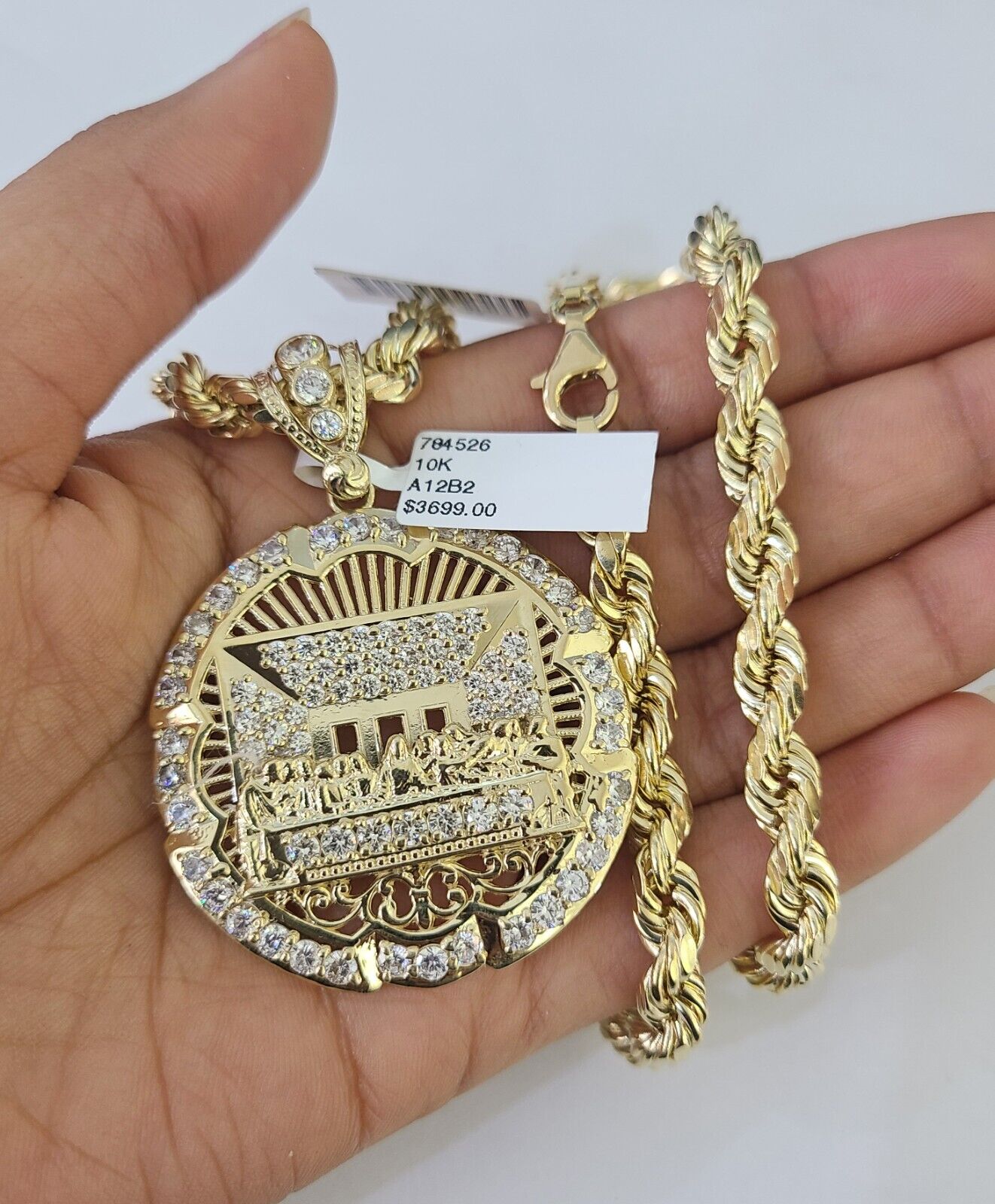 10k Yellow Gold Rope Chain Last Supper Charm Pendant 18-30'' Inch 7mm  Necklace