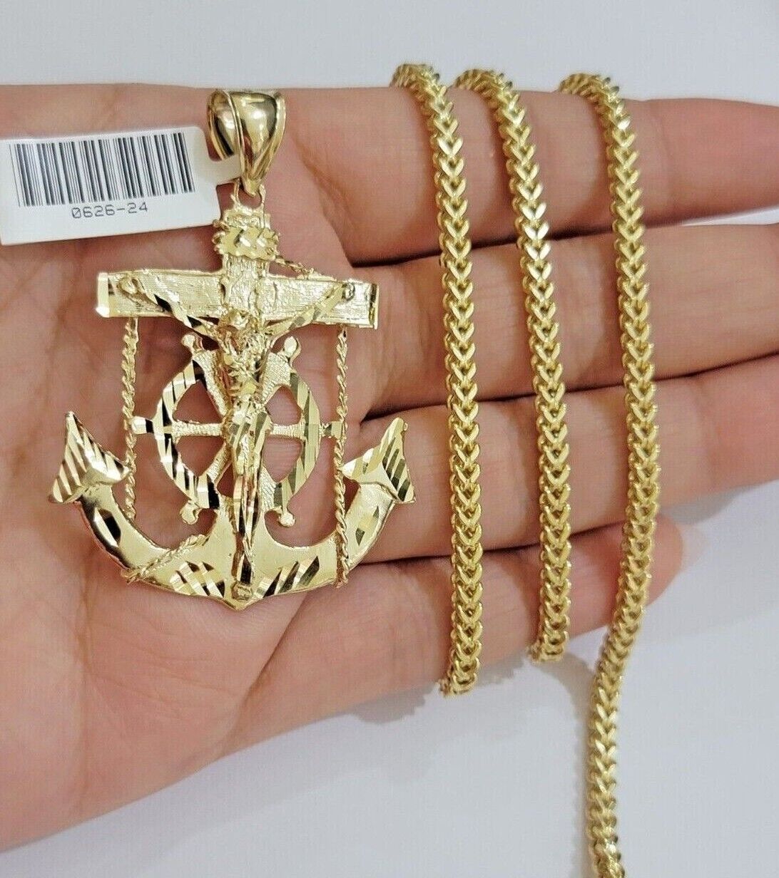 10k Yellow Gold Franco Chain Necklace Anchor Charm Pendant 3mm 18"-26" Inch SALE