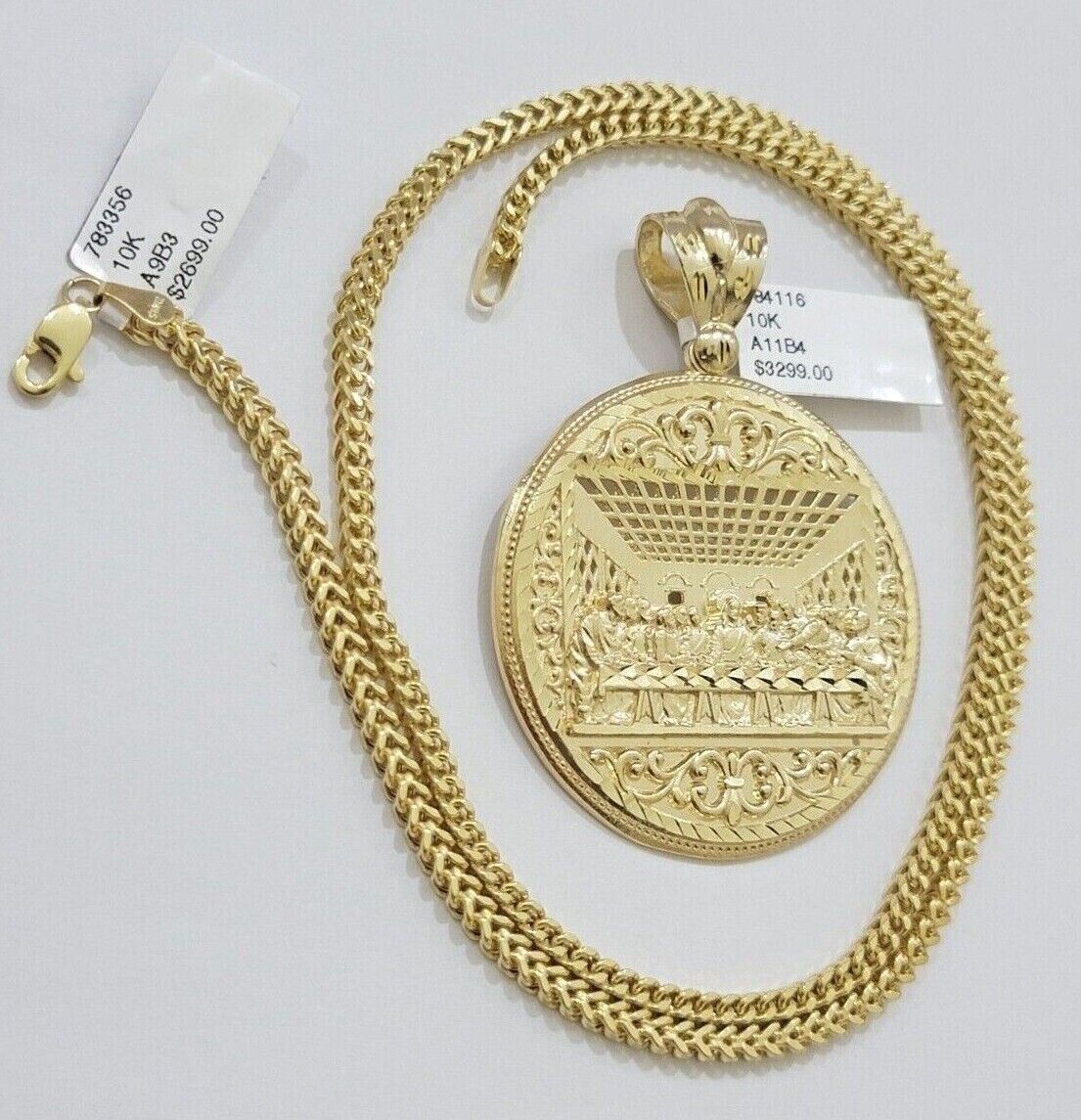 10k Yellow Gold Franco Chain Necklace Last Supper Charm Pendant 3mm 22"Inch SALE