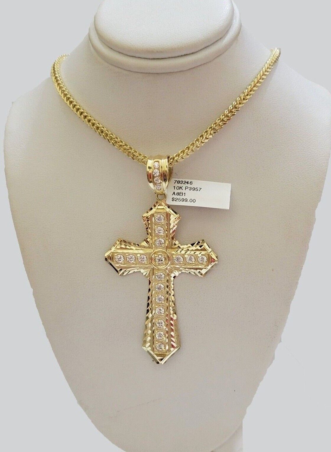 10k Yellow Gold Franco Chain Necklace Jesus Cross Charm Pendant 3mm 18-26 Inches