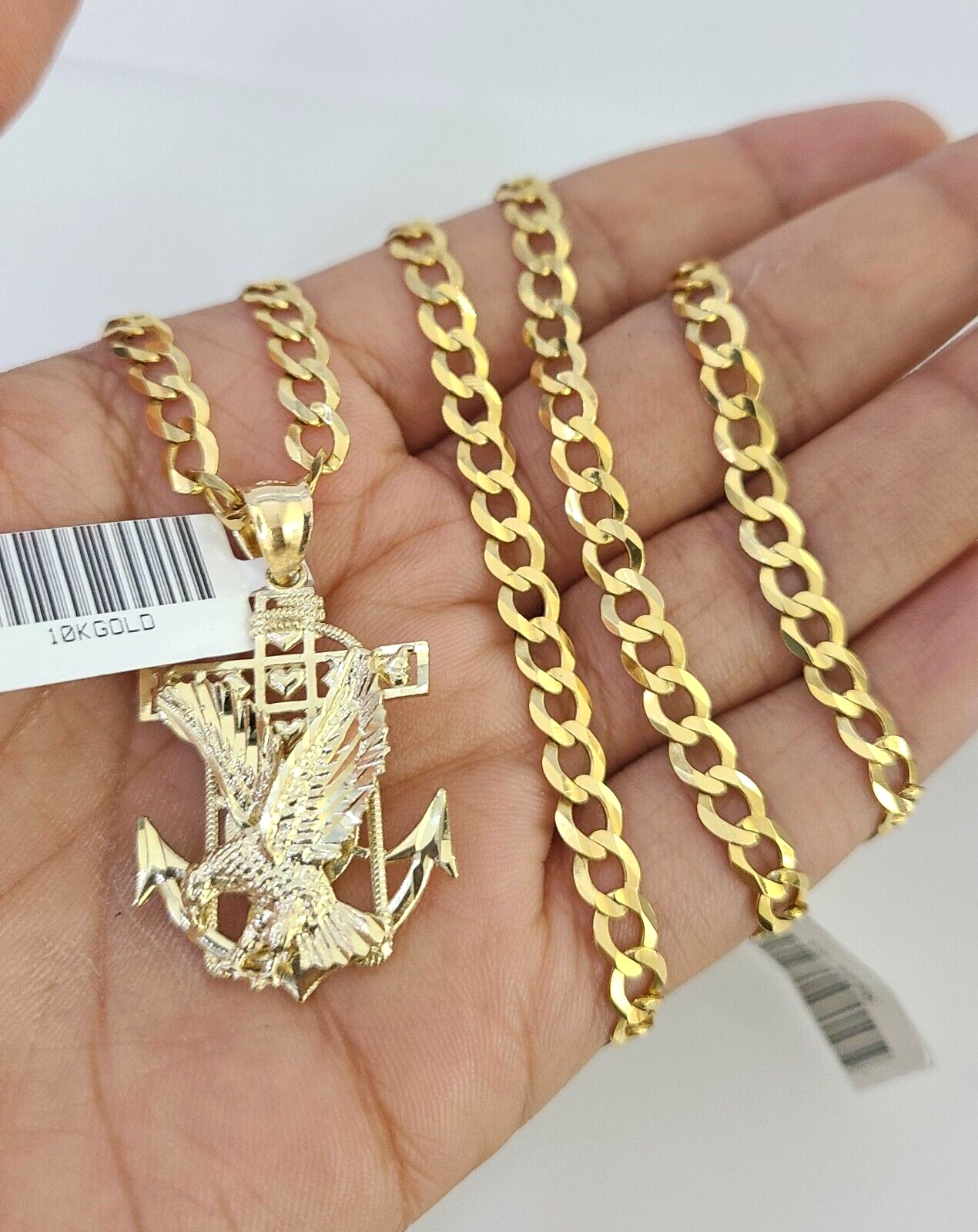 10k Gold Chain Necklace Eagle Anchor Pendant Set Cuban Curb 5mm 20"-28" Charm