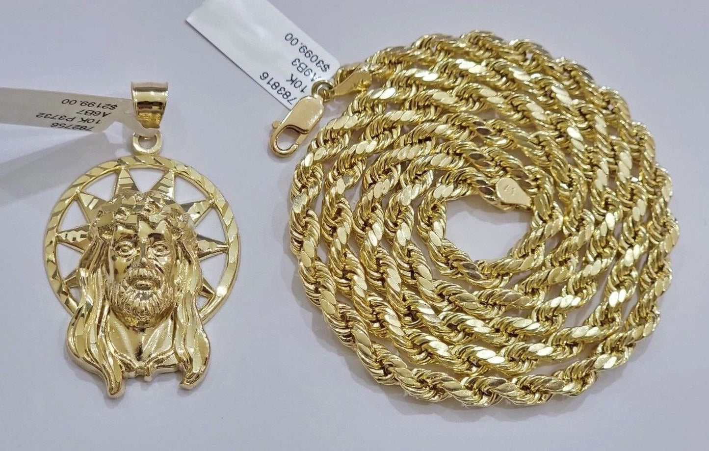 10kt Gold Rope Chain Jesus Head Charm Pendant Set 18-30'' Inch 5mm Necklace SALE