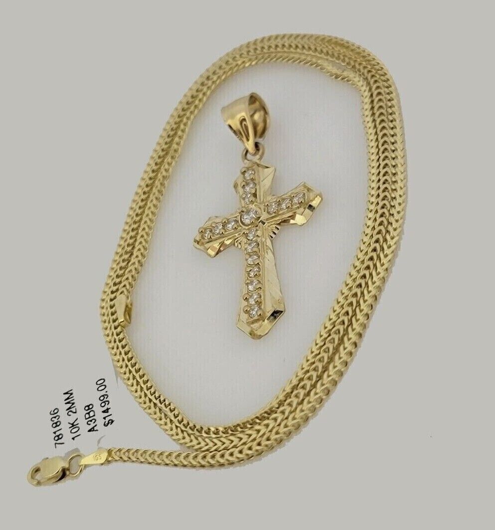 10k Yellow Gold Franco Chain Jesus Cross Charm Pendant 2mm 16-24 Inches Necklace