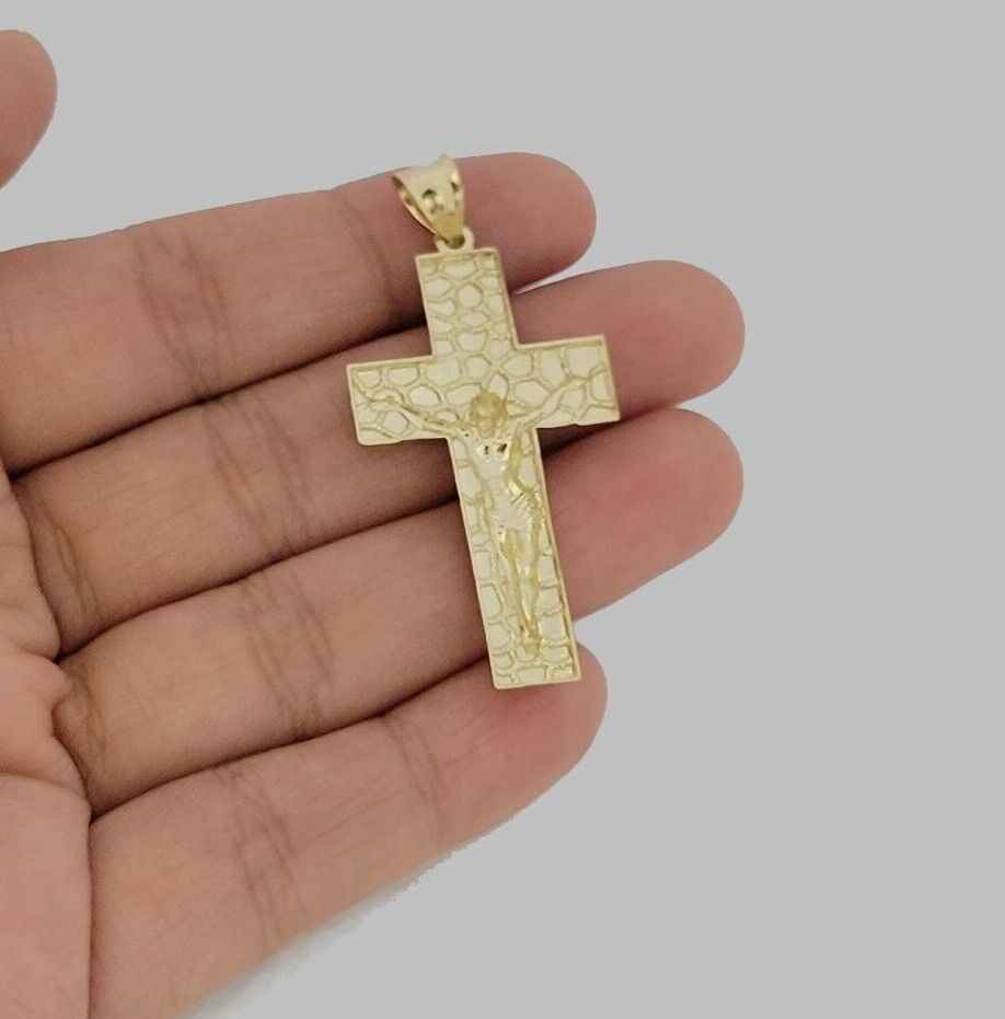 10k Gold Franco Chain Jesus Nugget Cross Charm Pendant 2mm 16-24 Inches Necklace