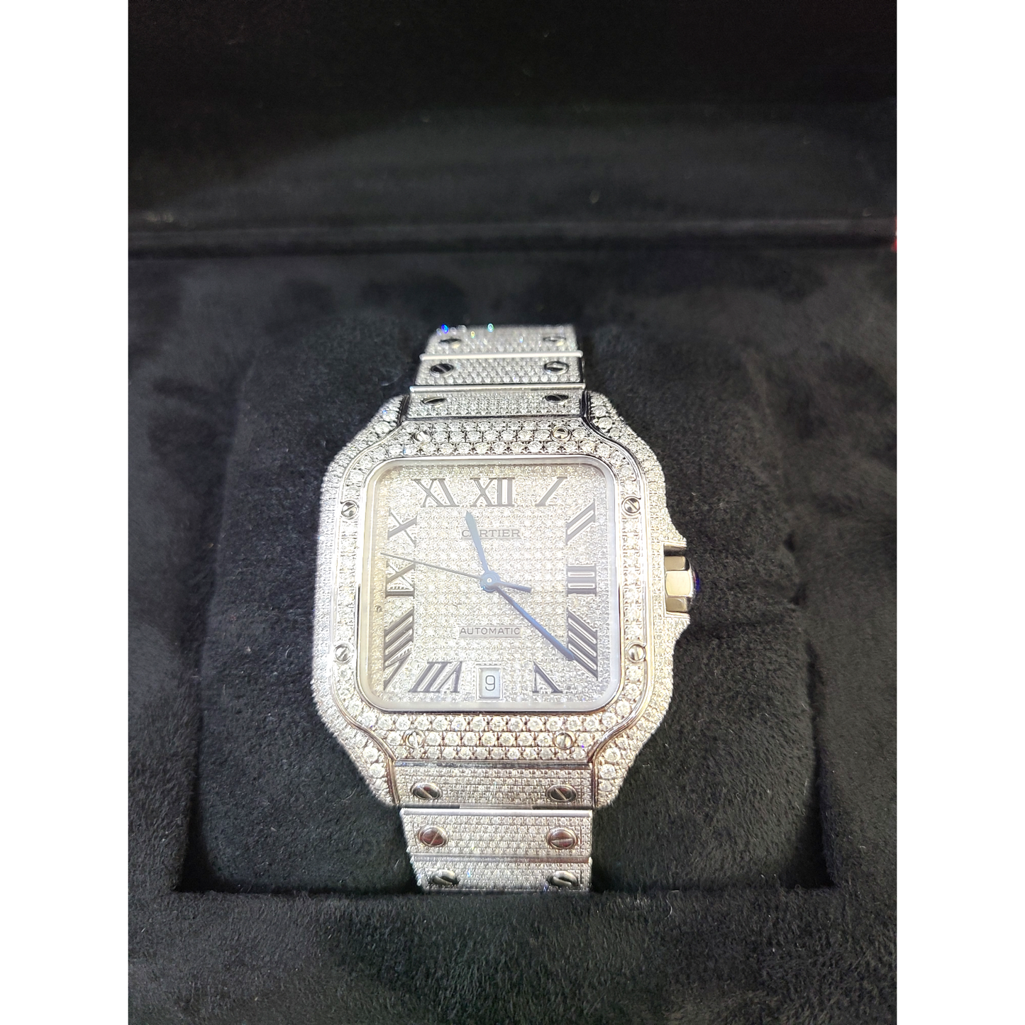 40mm Cartier Santos Men's S.Steel Watch Roman Iced Out 12 CT Diamonds (pre-owned)