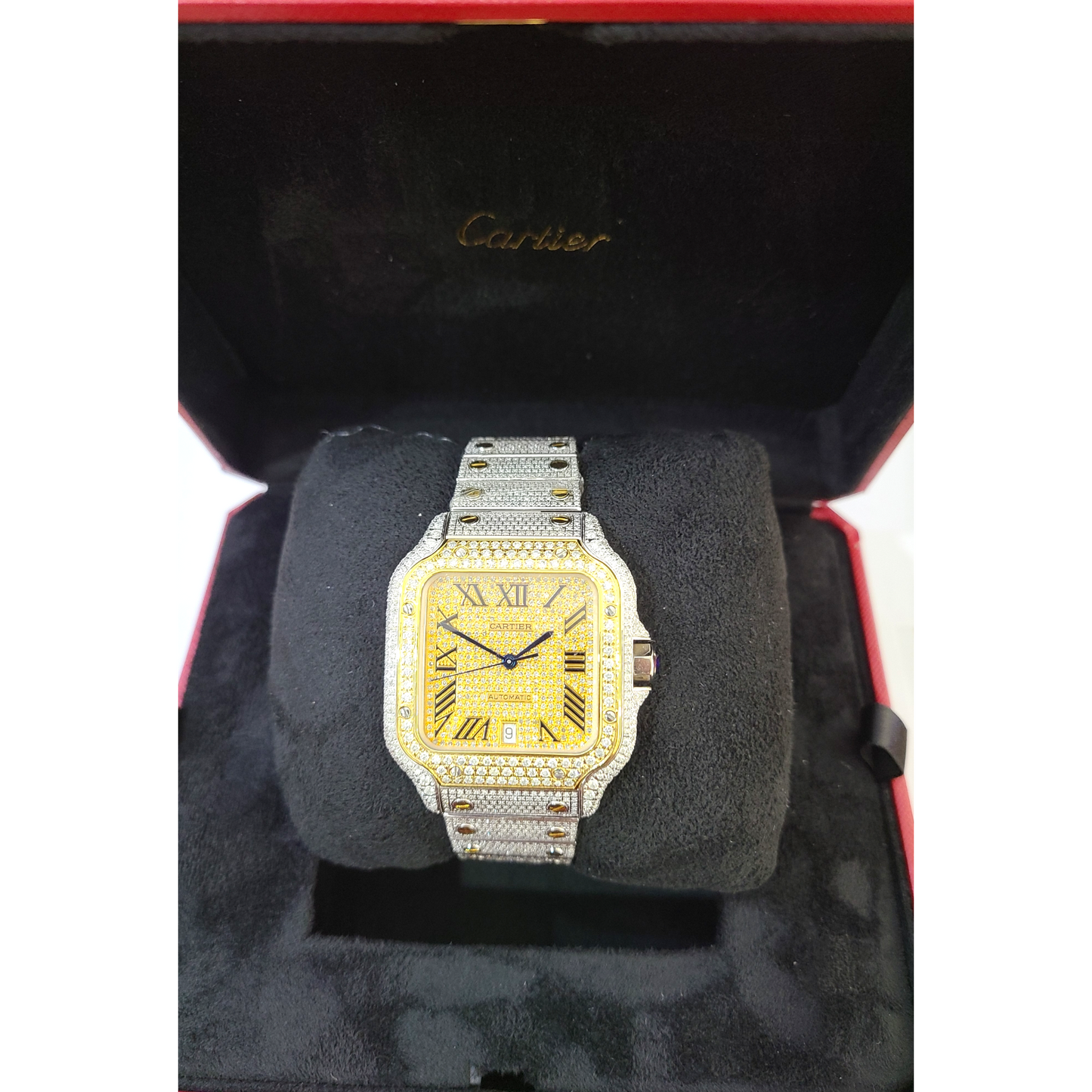 Cartier Santos Men's S.Steel Watch Roman Iced Out 12ct Diamonds 40mm (pre-owned)