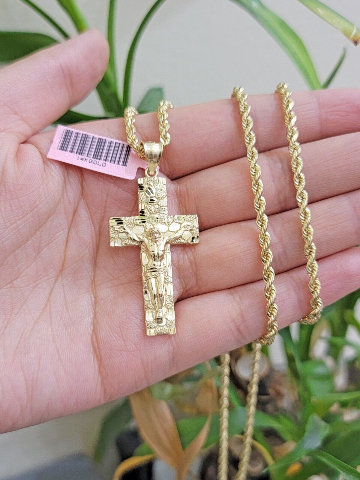 10k Yellow Gold Rope Chain Nugget Cross Charm Set 28 Inch necklace pendant, REAL