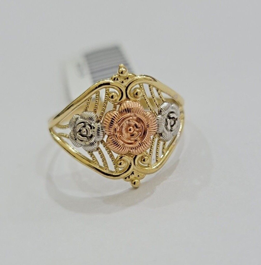 10k Trio Gold Lady Flower Ring Womens Casual Yellow Band Real 10kt Unique Design