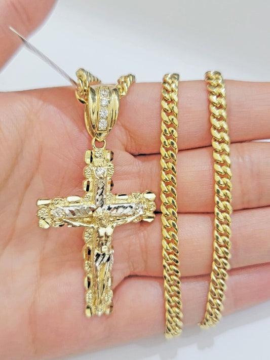 Real 14k Gold Nugget Cross pendant Cuban Link Chain 4.5mm 20" Necklace Charm Set