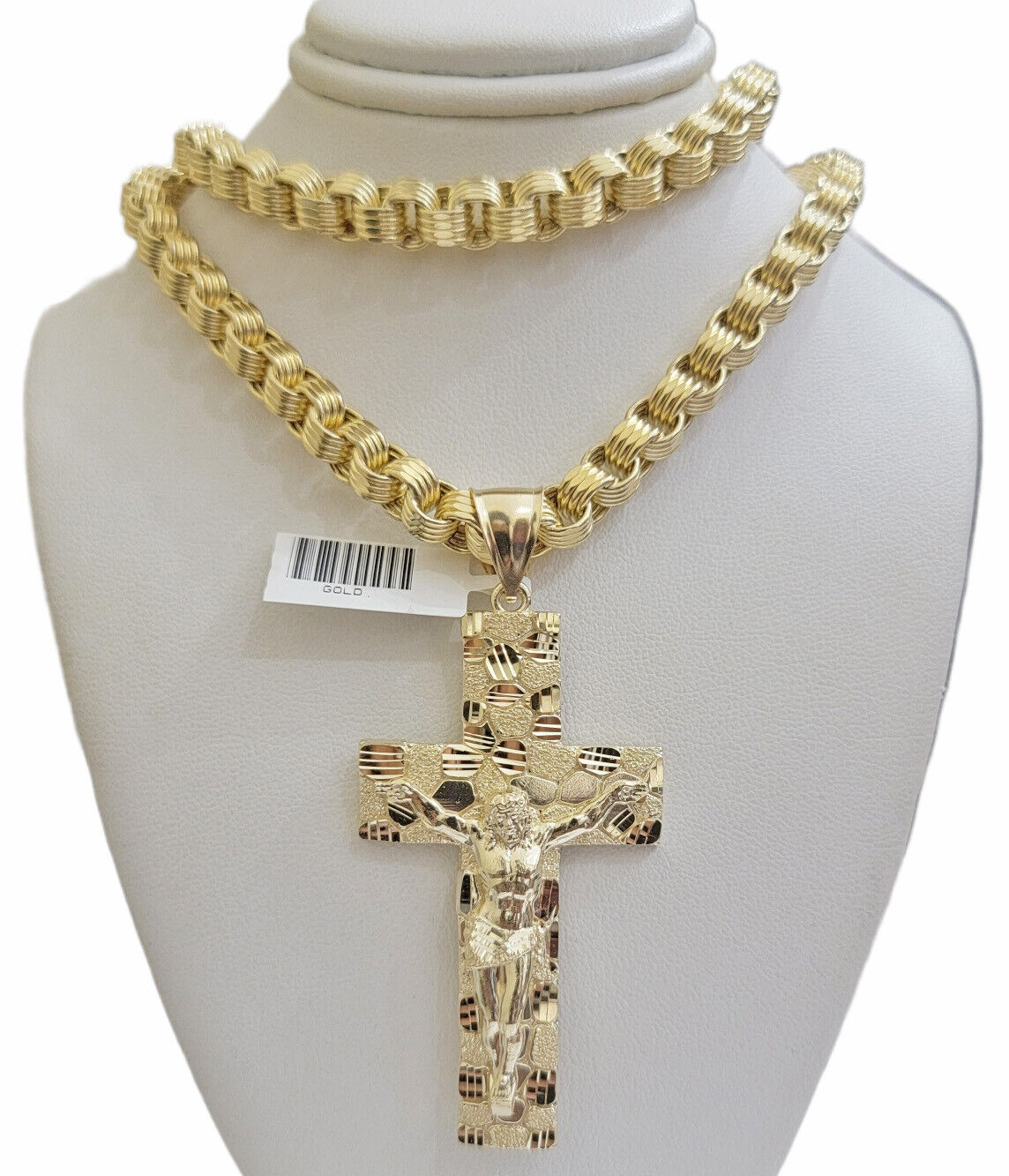 Real 10k Yellow Gold  Byzantine Chain Nugget Cross Charm Pendant Necklace SETS