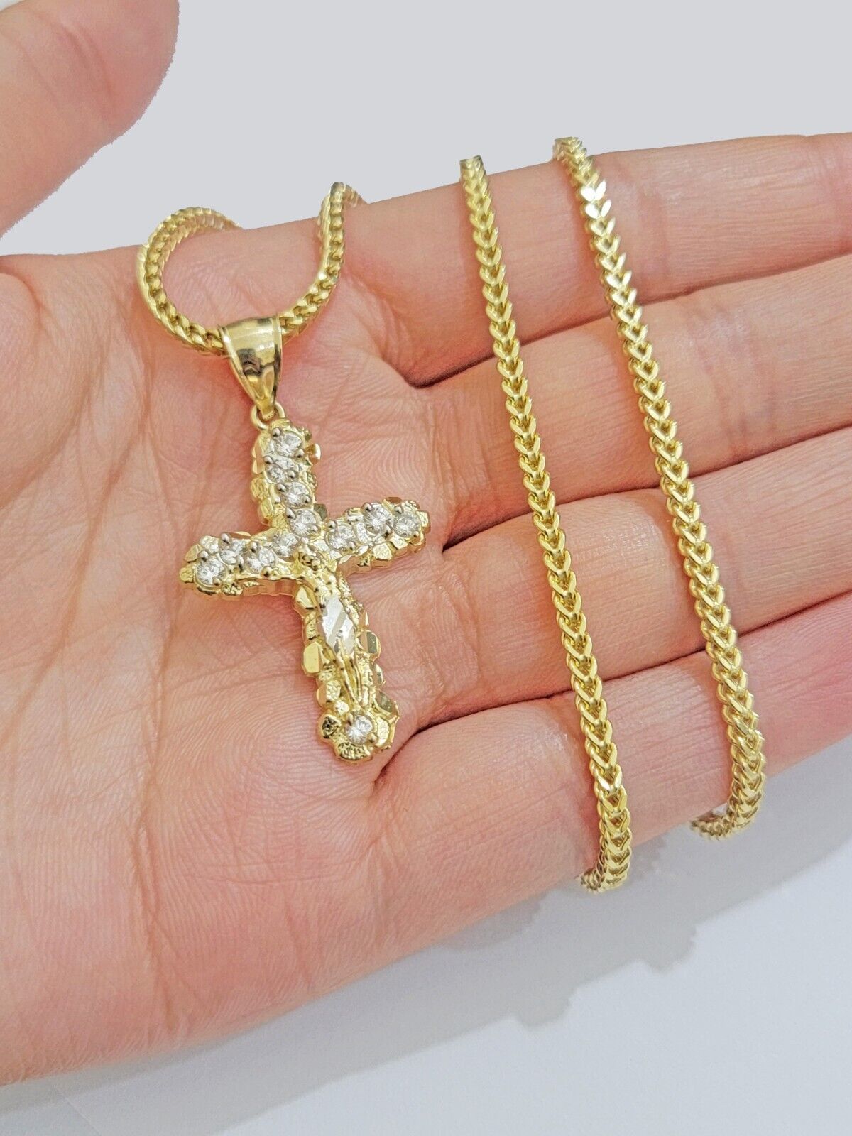 Real 10k Gold Cross Charm pendant & Franco Chain Necklace 2.5mm 22" Men Women