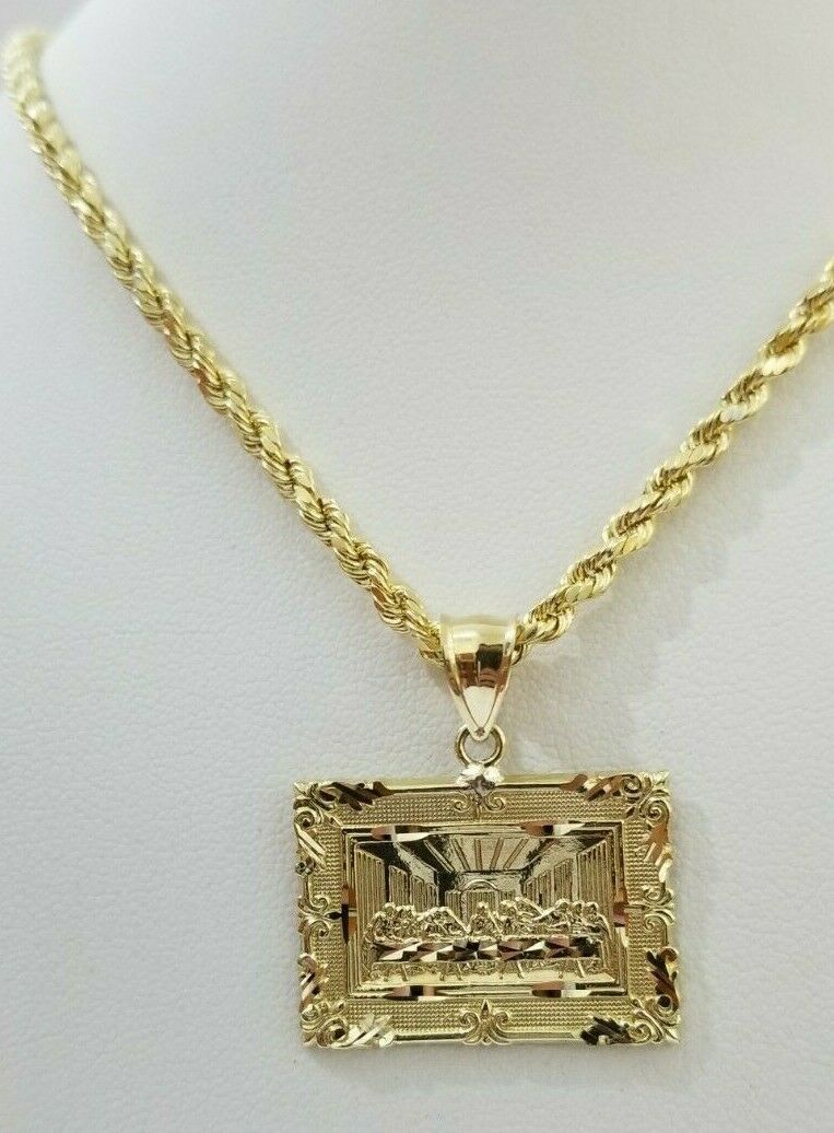 REAL 10k Yellow Gold Rope Chain Last Supper Charm Pendant SET 3mm Necklace 18-28