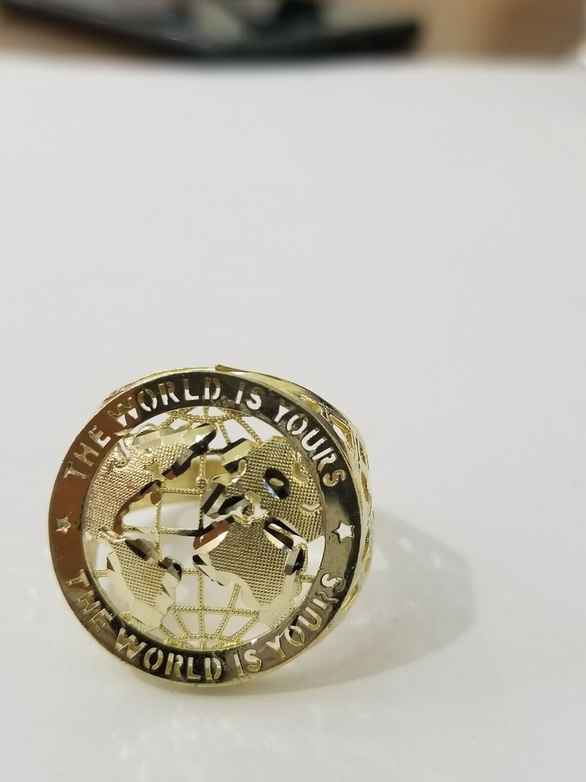 Real 10k Yellow Gold World Map Mens Ring The World Is Yours Engraved Ring Unique