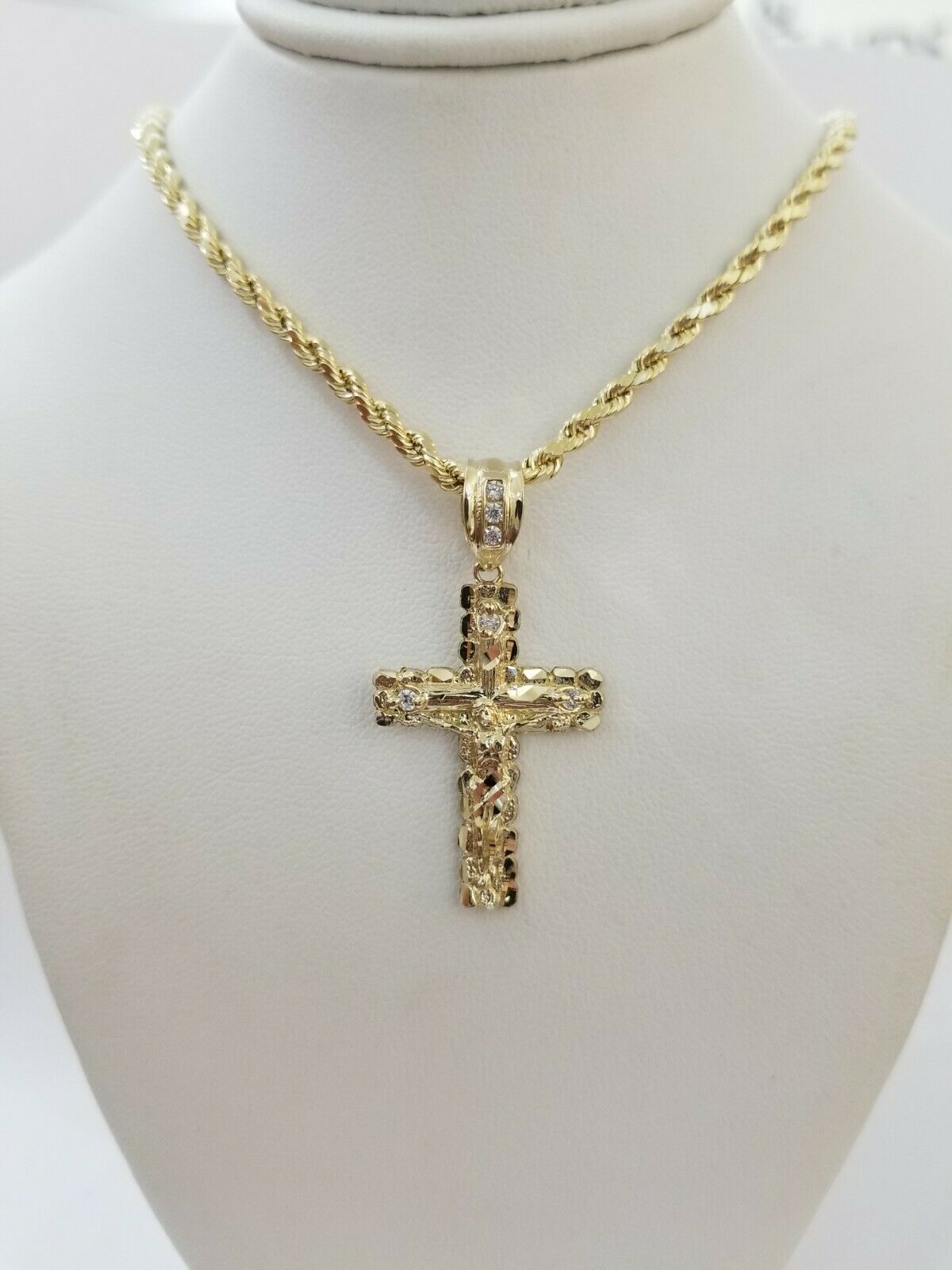 Real 10k Gold Cross & Solid Rope Chain 4mm Necklace Charm & Pendant Set 16