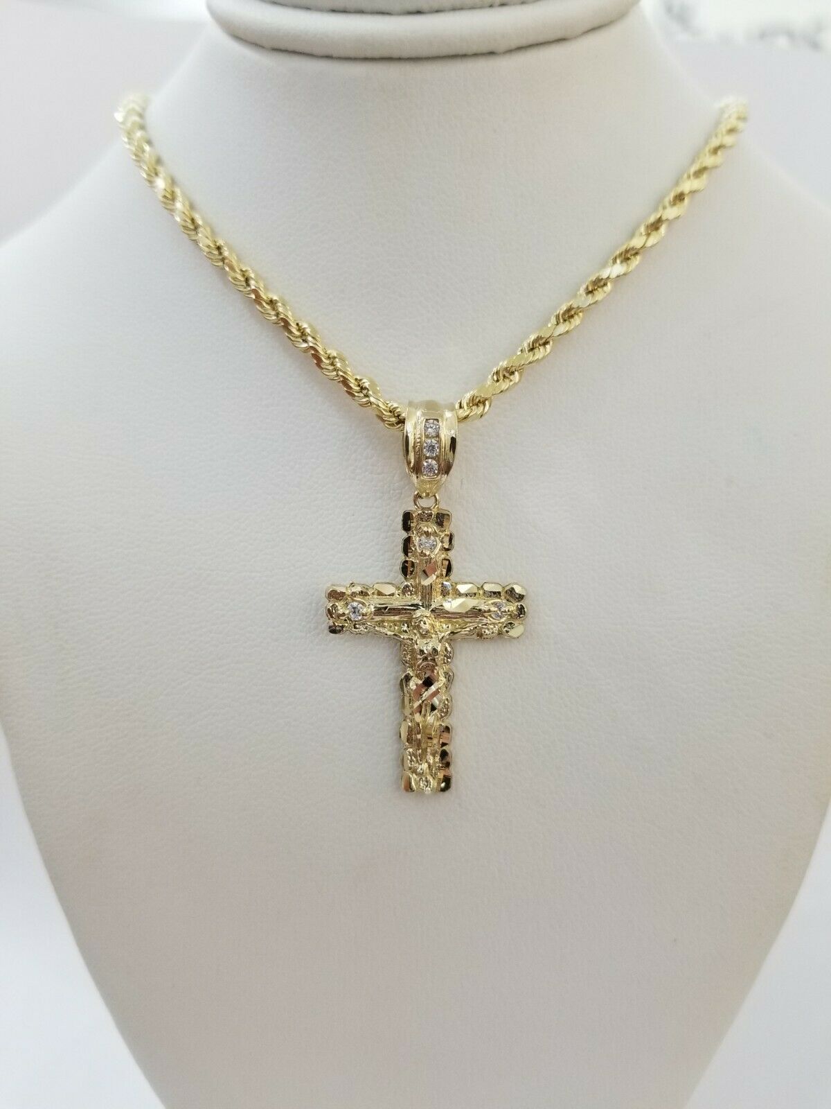 Real 10k Gold Cross & Solid Rope Chain 4mm Necklace Charm & Pendant Set 16"-28"