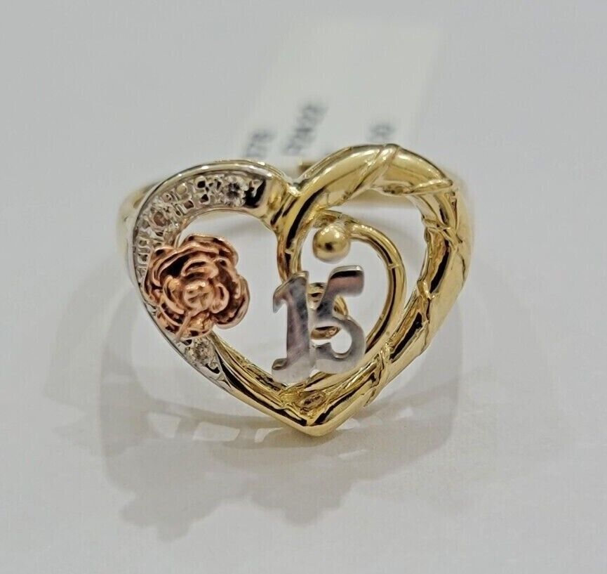 Ladies Ring 10k Gold Quinceanera 15 Anos Year Girls 10KT Yellow Hearts REAL SALE