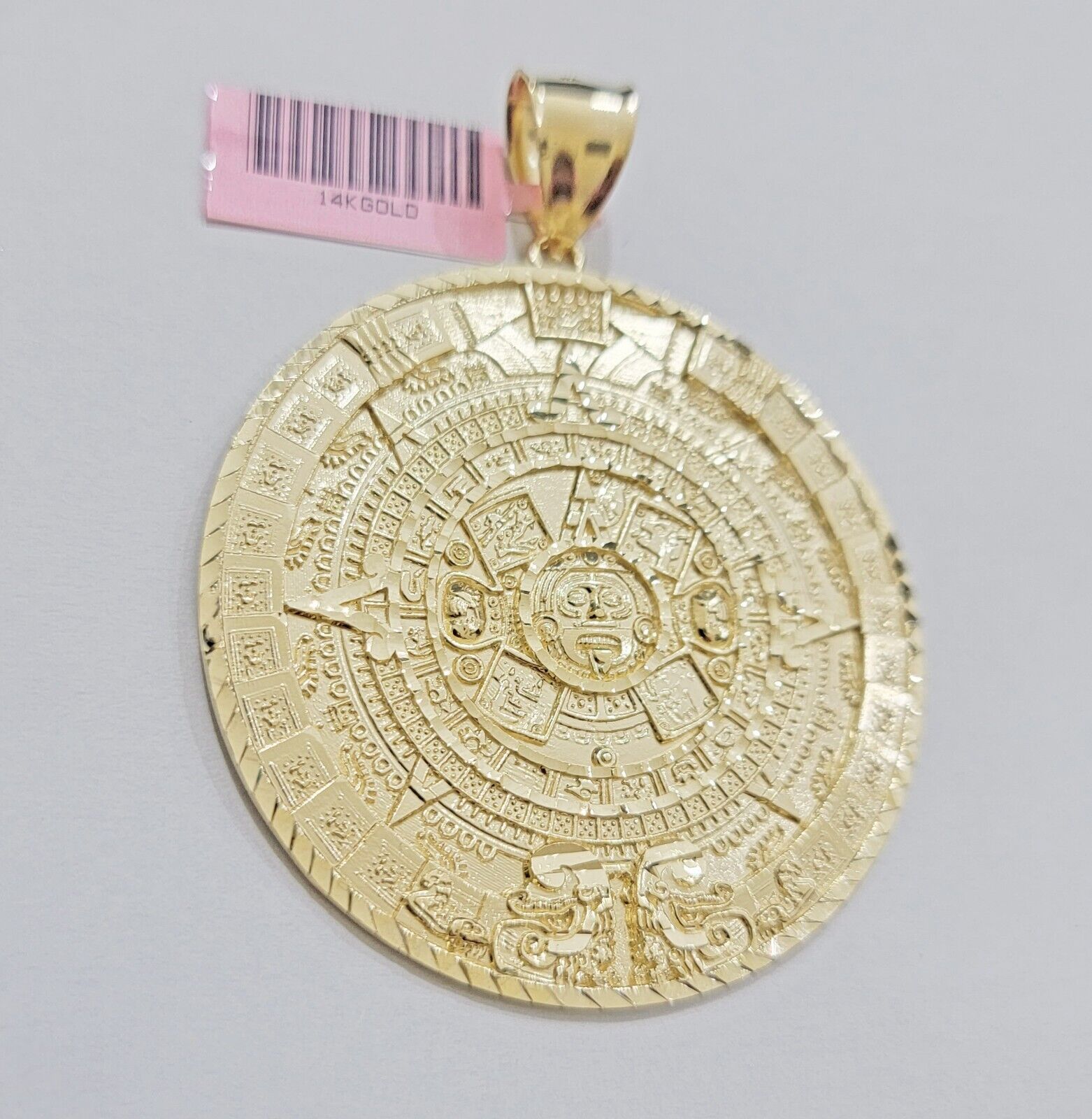 SOLID Real 14kt Yellow Gold Pendant Aztec Mayan Calendar 2.5" Men's Round Charm