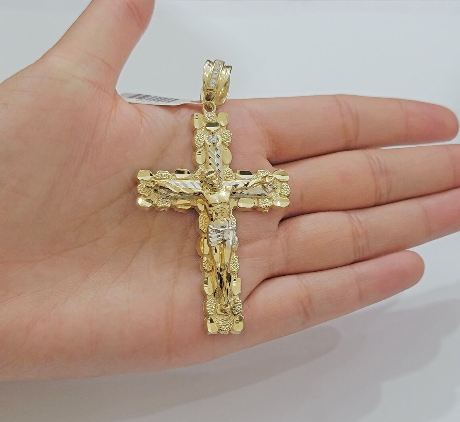 14k Yellow Gold Cross Nugget Pendant Jesus Crucifix 3 Inch 14kt Gold Men's REAL