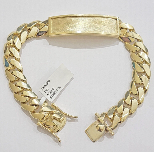 14k Gold ID Bracelet Miami Cuban Solid link 12mm Name Plate 9 Inch Box Lock REAL