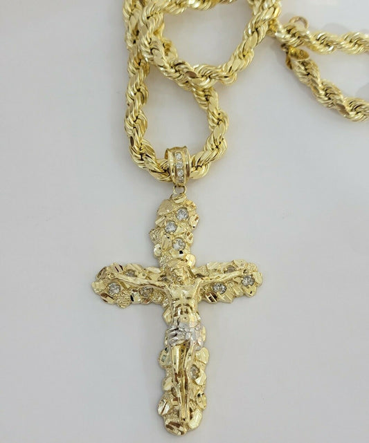 10k Gold Rope Chain & Cross Charm Pendant Mens 10kt Yellow Gold 8mm 24" Necklace