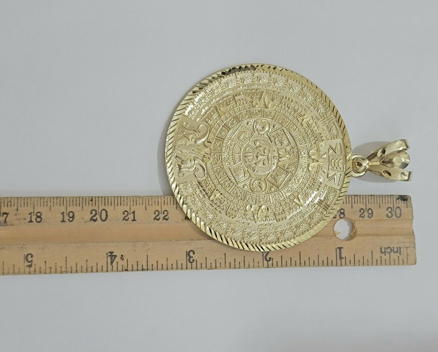 SOLID Real 10kt Yellow Gold Pendant Aztec Mayan Calendar 3" Men Charm 41-44 Gram