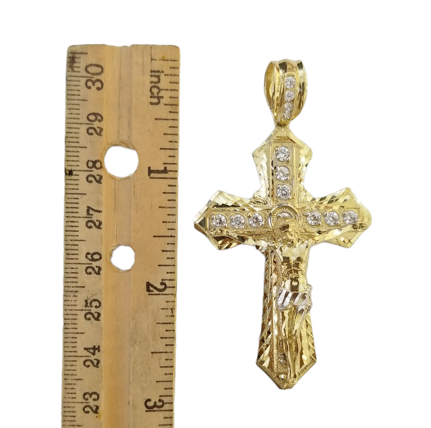 Real 10k Yellow Gold Jesus Cross Charm Men's pendant 3.75" With cubic Zirconia