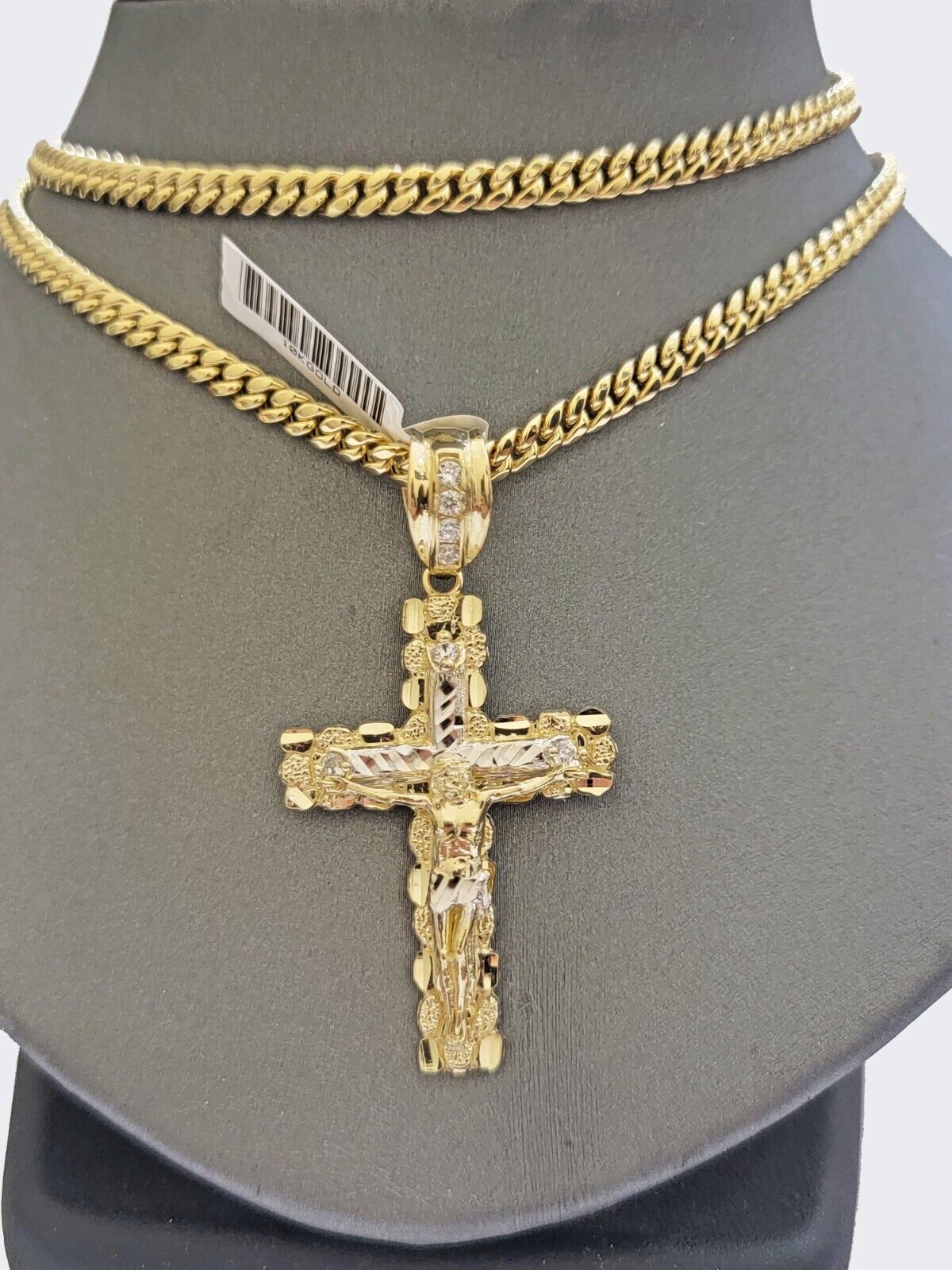 Real 10k Gold Nugget Cross Charm pendant Cuban Link Chain Necklace 5mm 24" Set