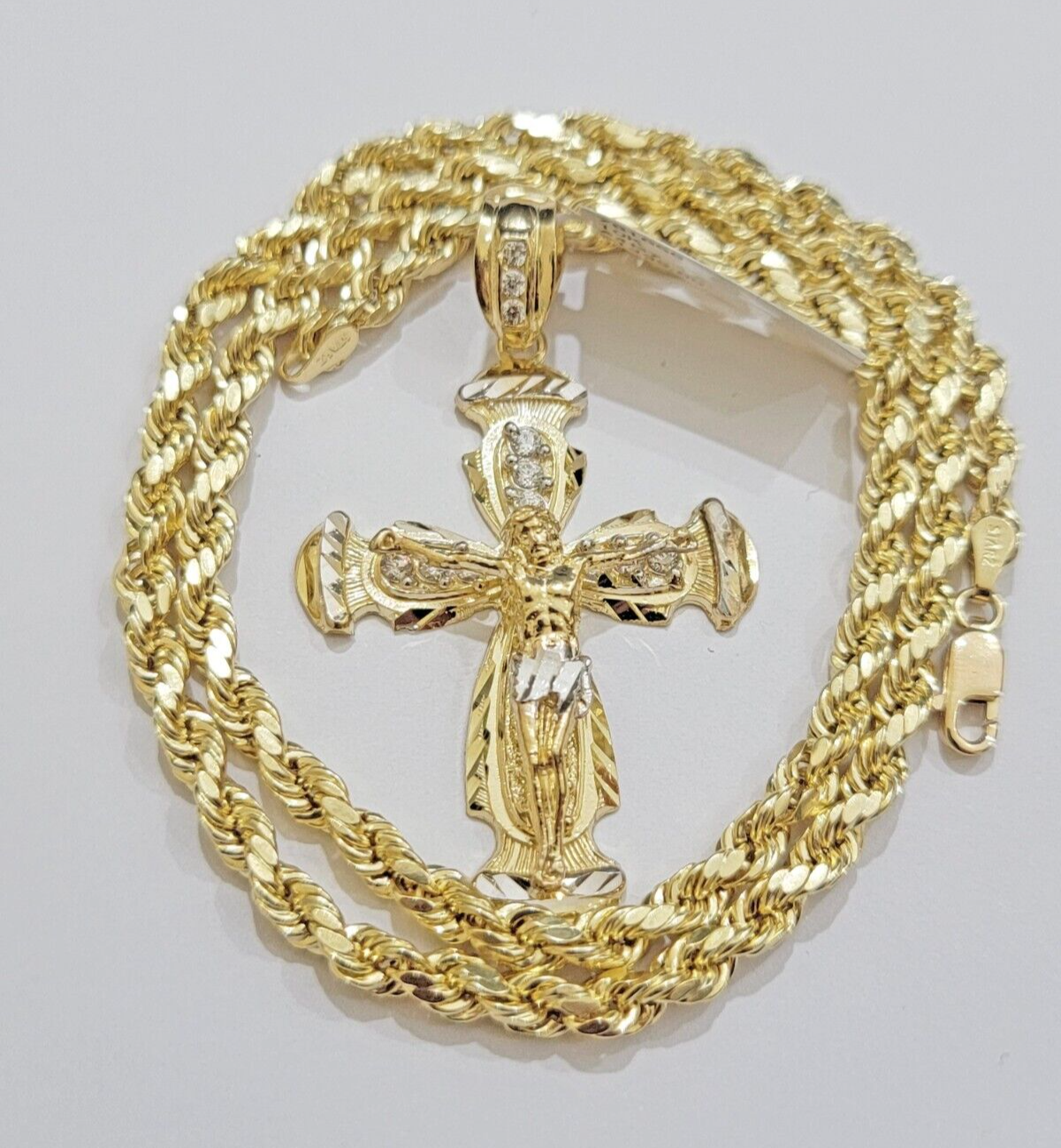 Real 10k Yellow Gold Cross pendant With Rope Chain Necklace 5mm 20