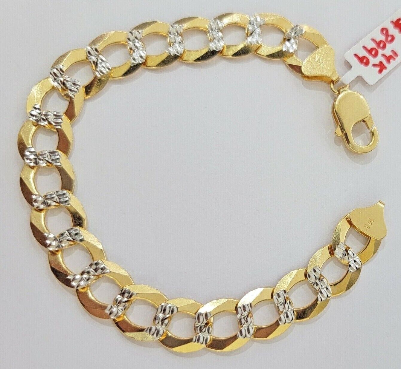 Solid 14k Gold Cuban Curb link Bracelet 9 Inch 13.5mm Two-Tone Diamond Cut Heavy