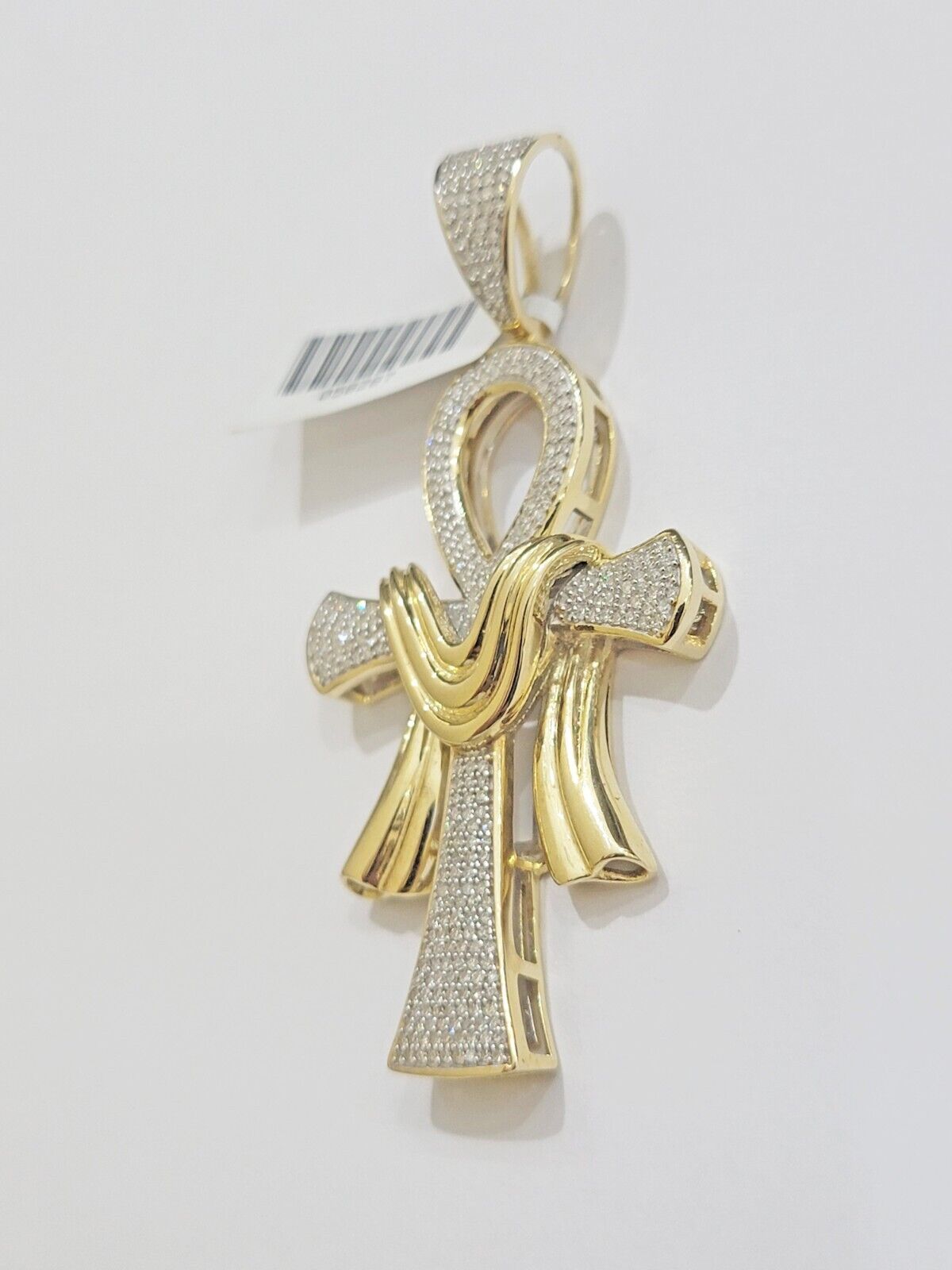 Real 10k Yellow Gold Diamond Ankh Cross Charm Pendant 0.80 CT Mens 2.5Inch