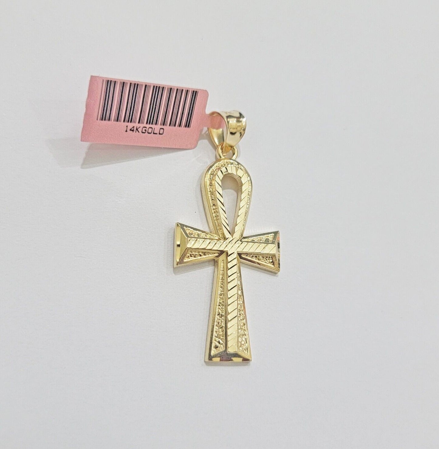 Real 14k Yellow Gold Ankh charm pendant 1.75 Inch Diamond Cuts Charm for Chains