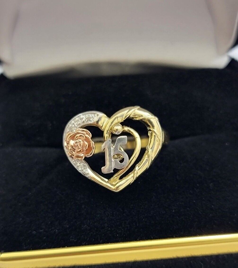 Ladies Ring 10k Gold Quinceanera 15 Anos Year Girls 10KT Yellow Hearts REAL SALE