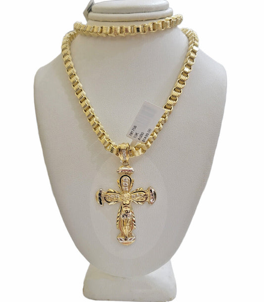 REAL 10k Gold byzantine Chain Cross Pendant Set 5mm Necklace & Jesus Crucifix