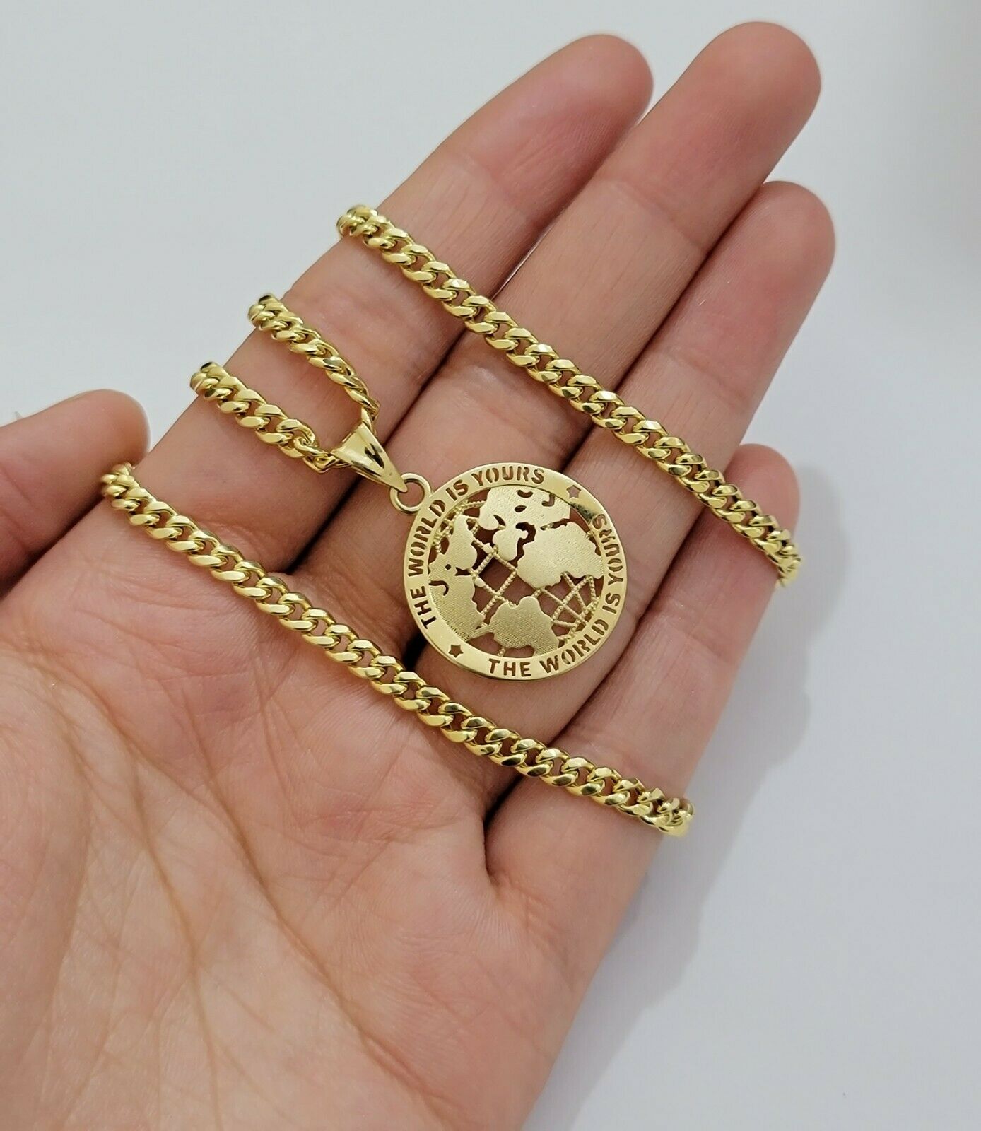 Real 10k Gold Miami Cuban 24" Chain Pendant Set 3.5mm Necklace World Map Charm