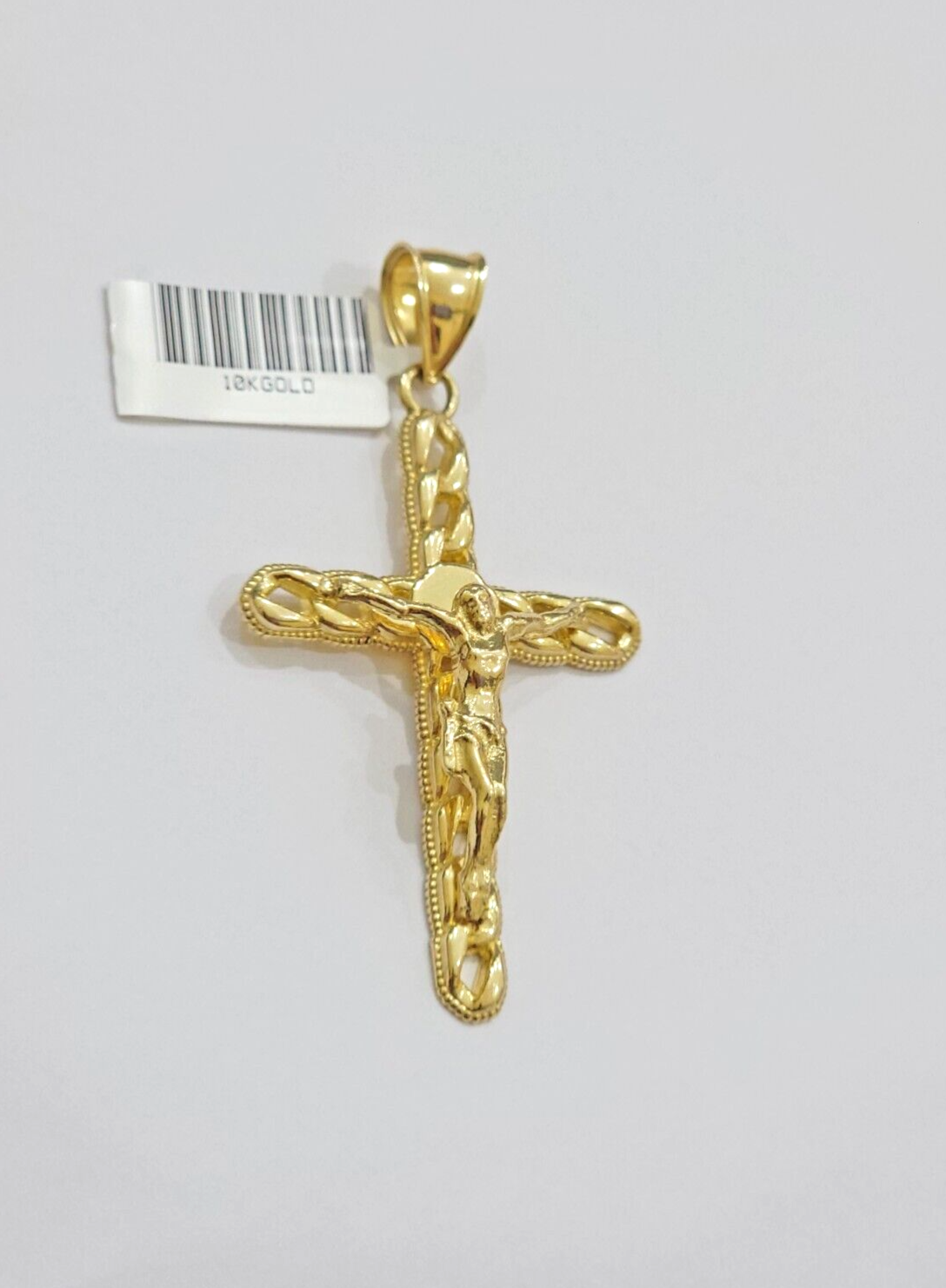 10K Yellow Gold Cross Pendant Mens Jesus Crucifix Charm 2.5 Inch For Thick Chain