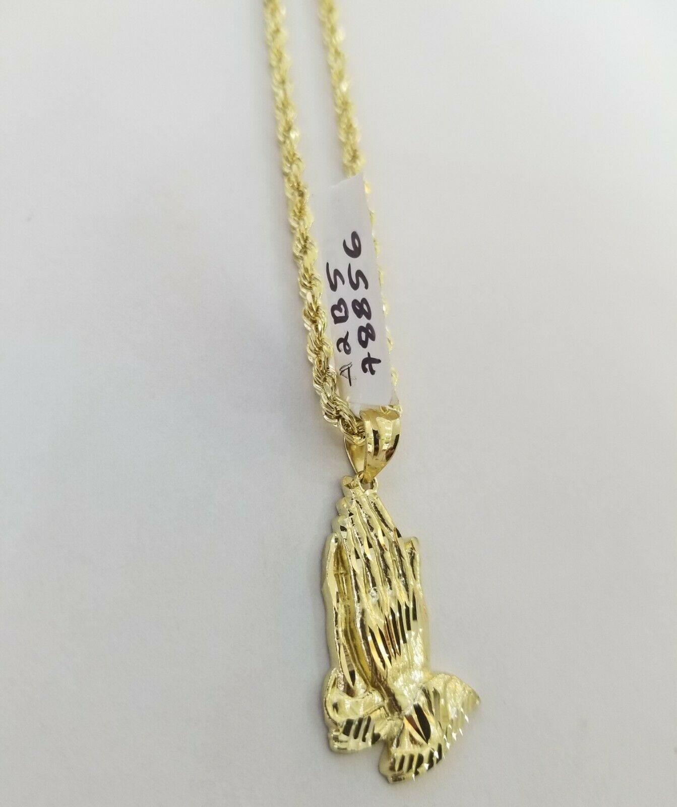 Real 10k Yellow Gold Chain 20" With Charm Praying hand pendant,3mm Rope Necklace