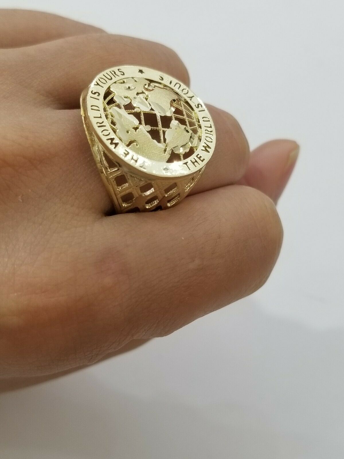 Real 10k Yellow Gold World Map Mens Ring The World Is Yours Engraved Ring Unique